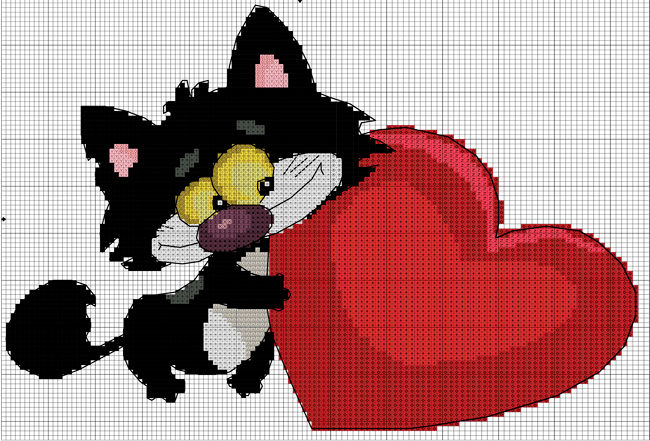 Cross Stitch Cat with the heart graphics for Valentine's day
